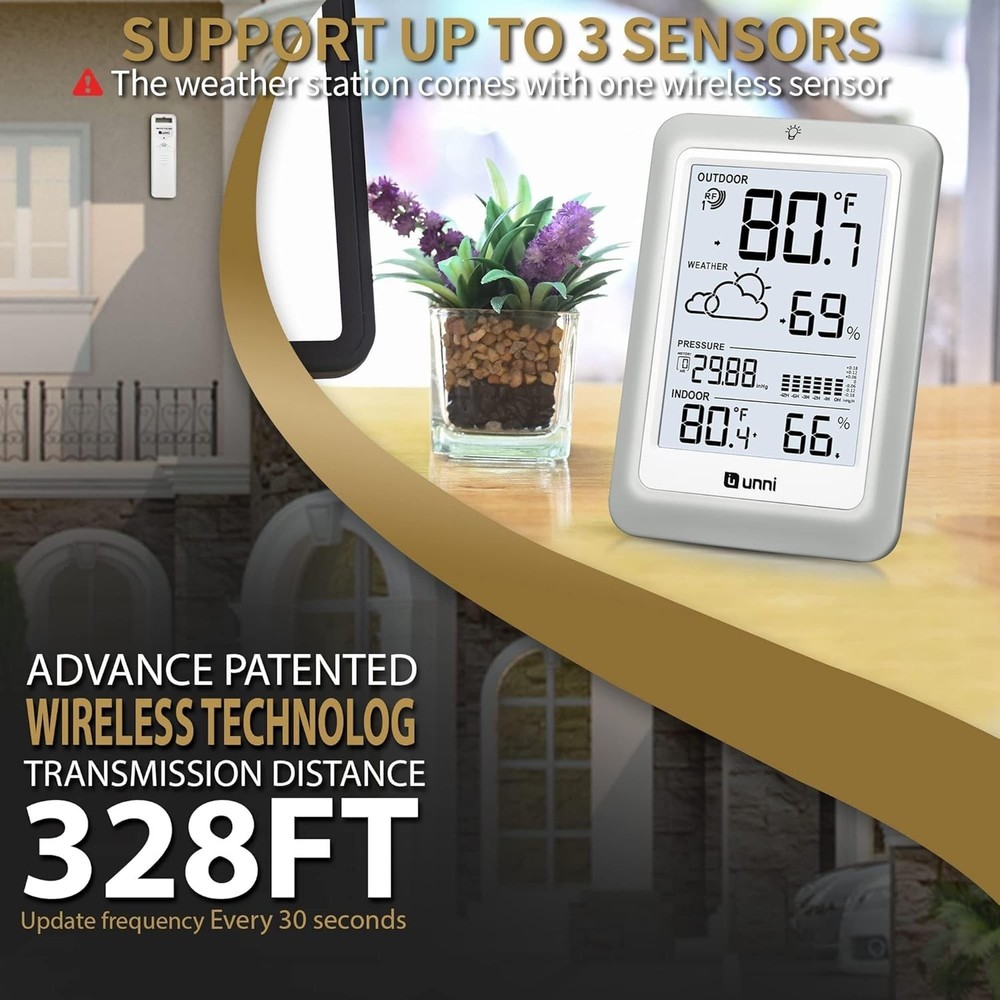 Wireless Weather Station with 330ft Range Sensor and Adjustable Backlight White