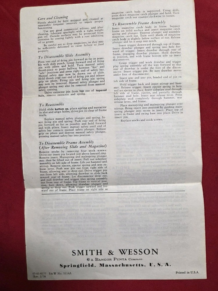 Original Smith And Wesson Model 39 Instructions/Maintenance. Dated 2/78.