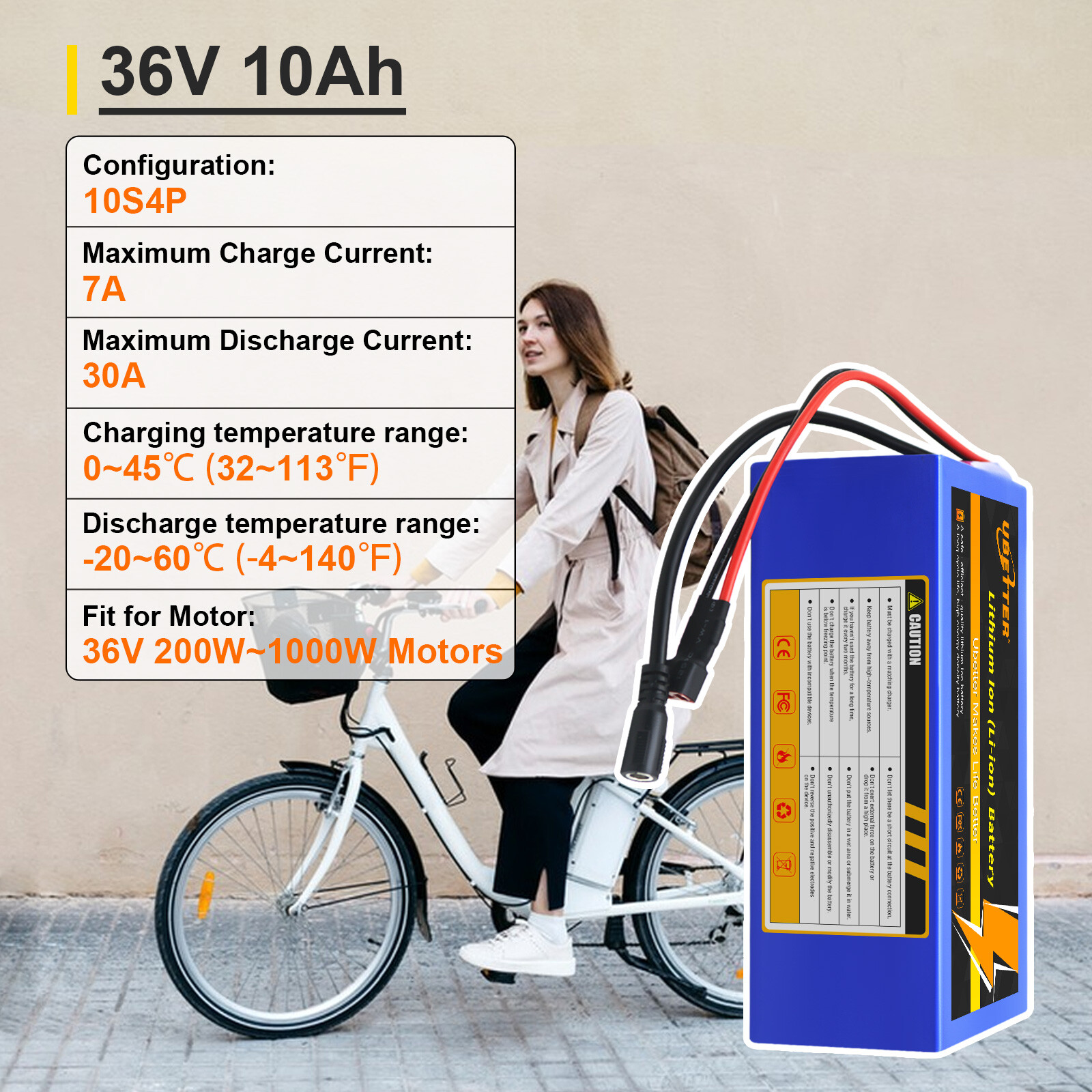 36V 10AH/14AH/20AH Lithium Battery,Built-in 30A BMS for 0-1000W Motor