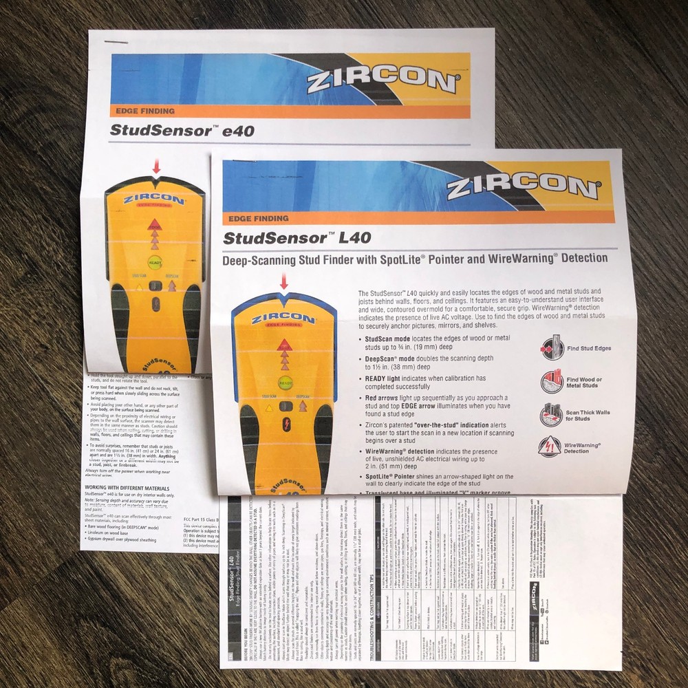 Zircon StudSensor™ Stud Finder One each E40 & L40 ~ LOT 2 Used