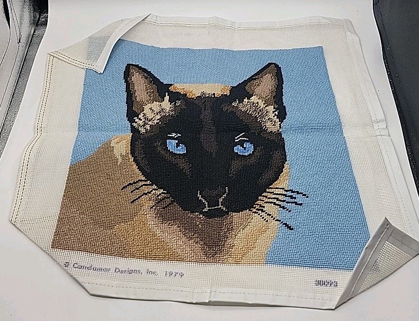 Siamese Cat Needlepoint Completed Finished 14" Square For Pillow Or Framing EUC