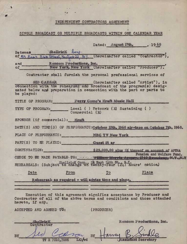 SID CAESAR - CONTRACT SIGNED 08/17/1960