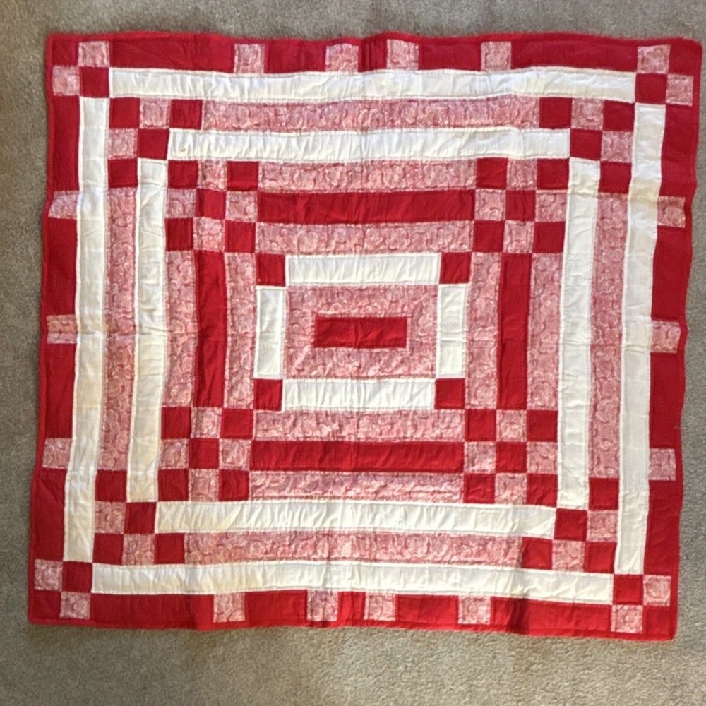Handmade Red Patchwork Cotton Quilt Geometric Pattern 43x40”