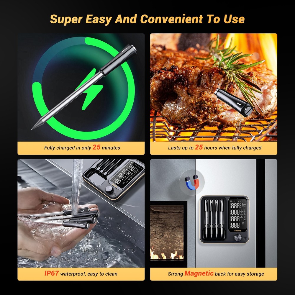 2pcs Wireless Meat Thermometer Set Barbecue Cooking Grilling 30min Data Storage