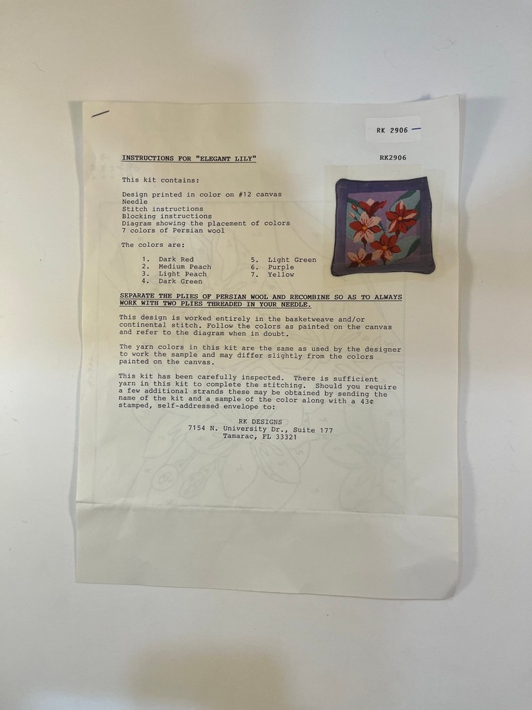 RK Designs Needlepoint Kit #RK2906 "Elegant Lily" - Started