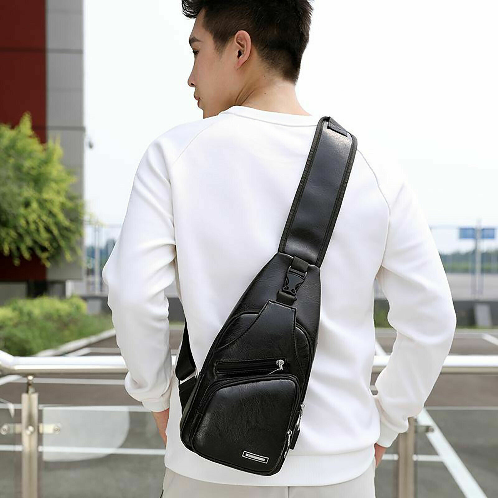 Mens Sling Backpack PU Leather Cross Body Chest Bag Fanny Packs USB Charging NEW