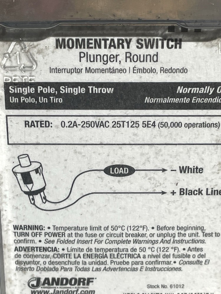 Jandorf Refrigerator Momentary Plunger Round SWITCH Single pole White 61012 E20