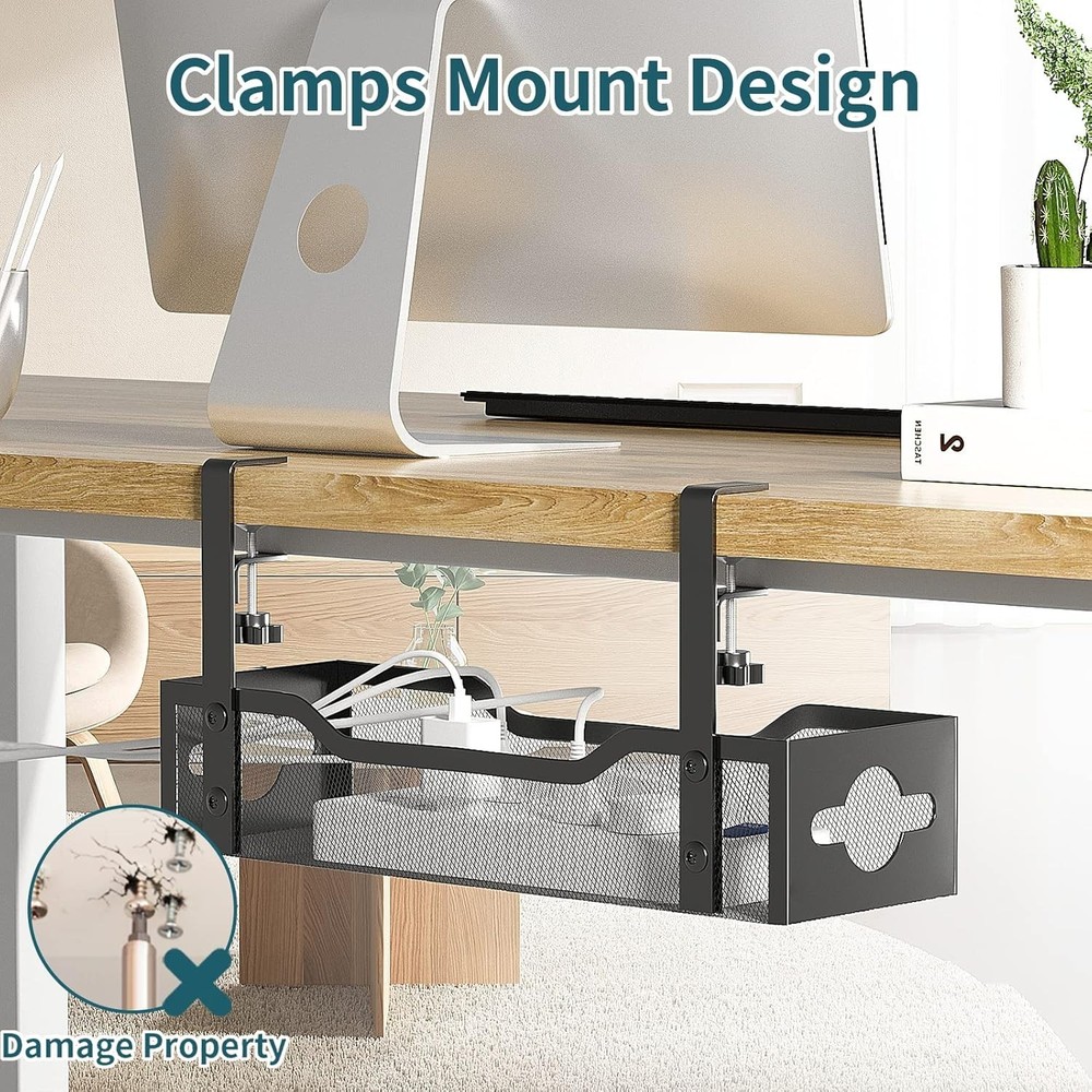 Space-Saving Metal Wire Management Tray for Desks - Easy Clamp Mount System