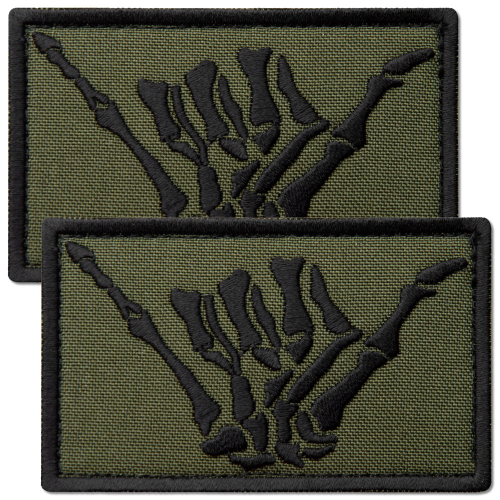 2Pcs Olive Shaka Hand Patch, Embroidered Skeleton Hand Shaka Tactical Patches