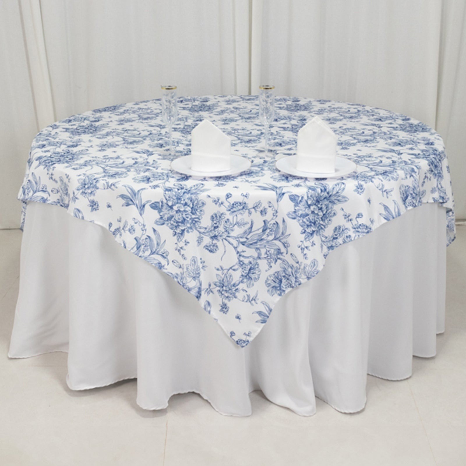 70" x 70" Blue French Toile Pattern Polyester Square Tablecloth Disposable