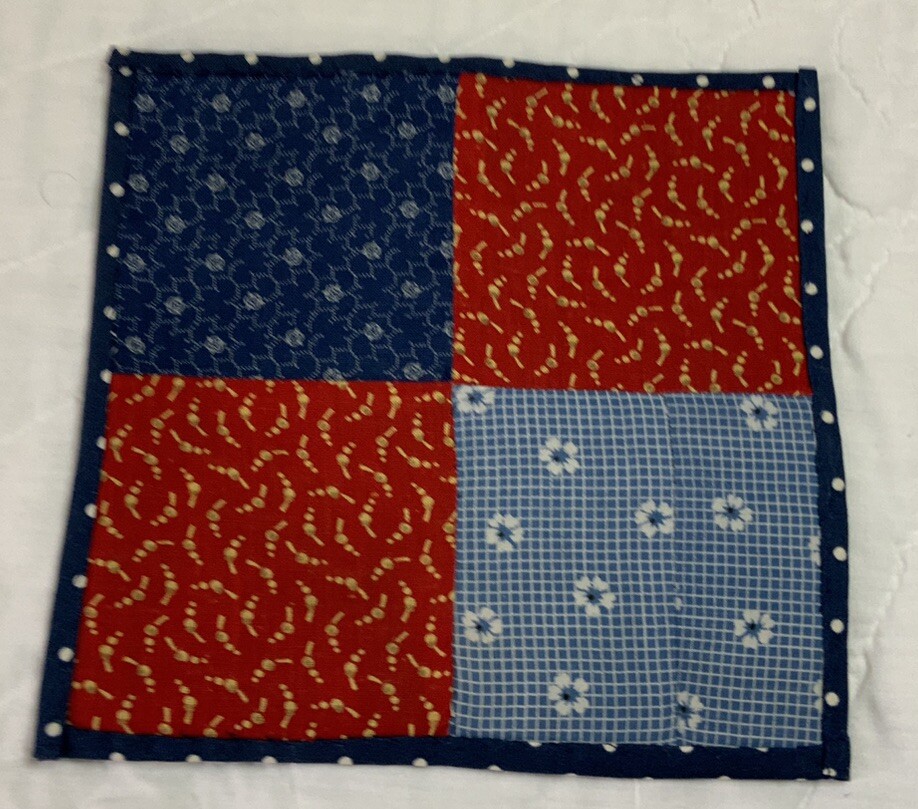 Vintage Antique Patchwork Quilt Table Topper, Four Patch, Early Calicos, Red