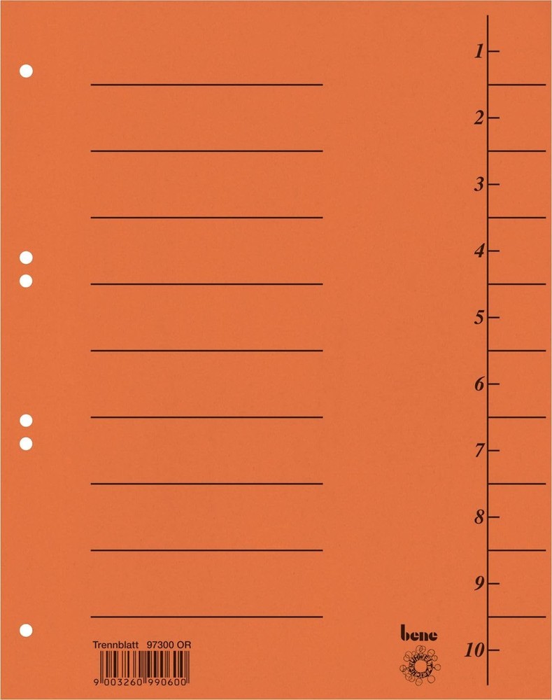 Bene 97300 Dividers A4 Solid Coloured Pack of 100 Orange