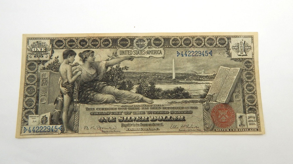 1896 US $1 One Dollar Educational Note Silver Certificate, F225  High Grade