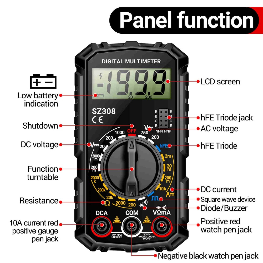 LCD Digital Multimeter with Buzzer for Continuity AC DC Voltage Current Testing