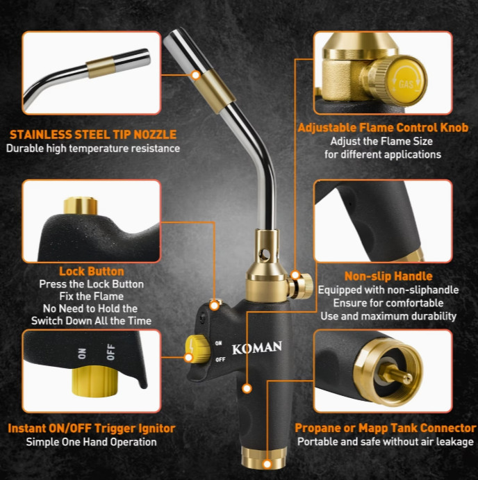 Propane Torch Head MAPP Gas Welding Soldering Trigger Ignition Cooking Torch