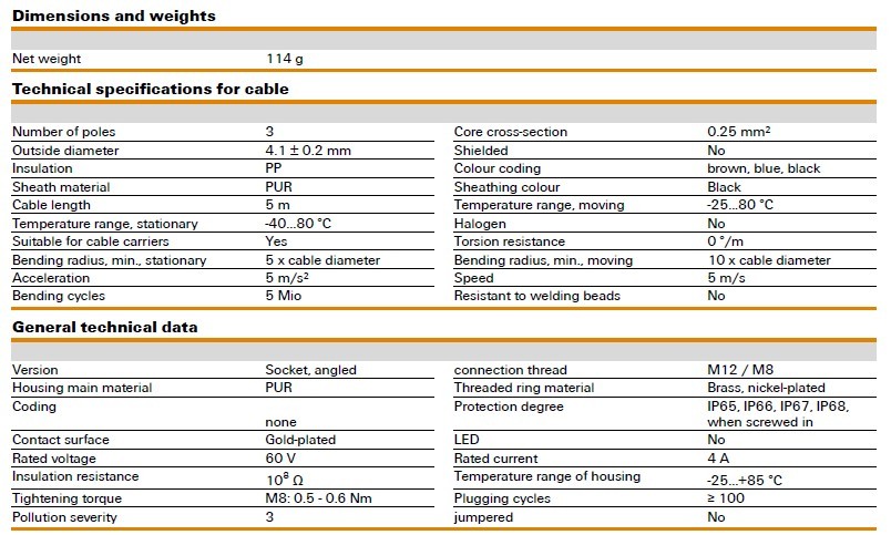 Weidmuller - Sensor/actuator cable, M8, 3 pole, 5 meters, Socket, angled