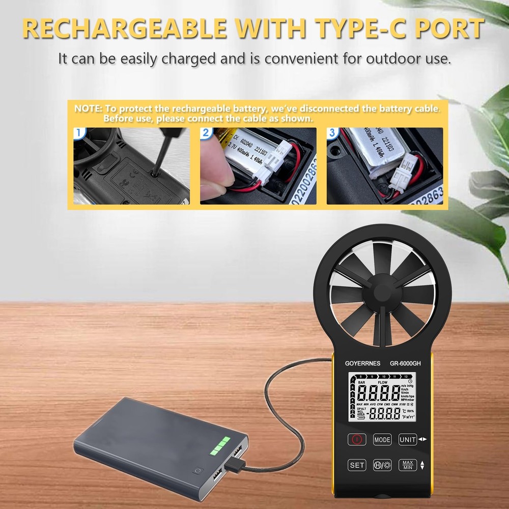 Handheld Anemometer CFM Meter, Rechargeable Digital Air Flow Wind Speed Gauge...