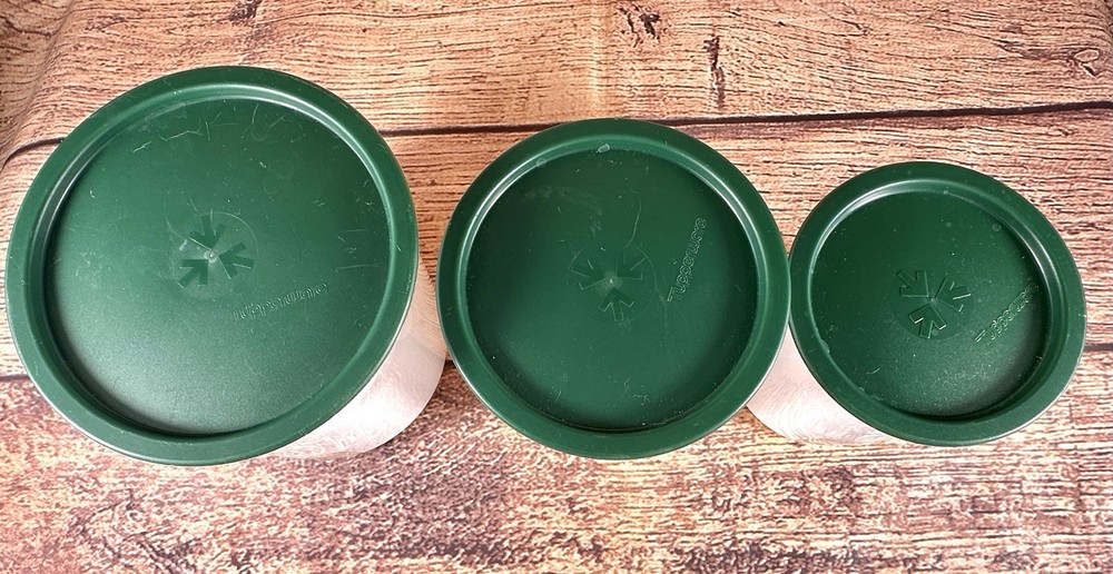 Set 3 Tupperware One Touch Window Reminder Nesting Storage Canisters Green Lids