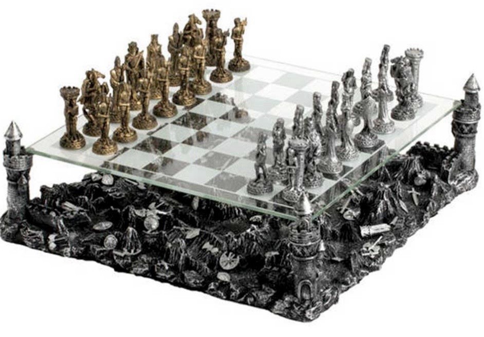 Medieval Knight Chess Set with Castle Platform & Glass Board