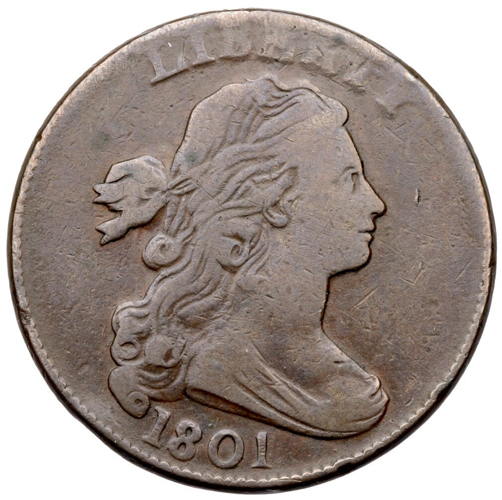 1801 S-219 R-2 3 Error Reverse Draped Bust Large Cent Coin 1c