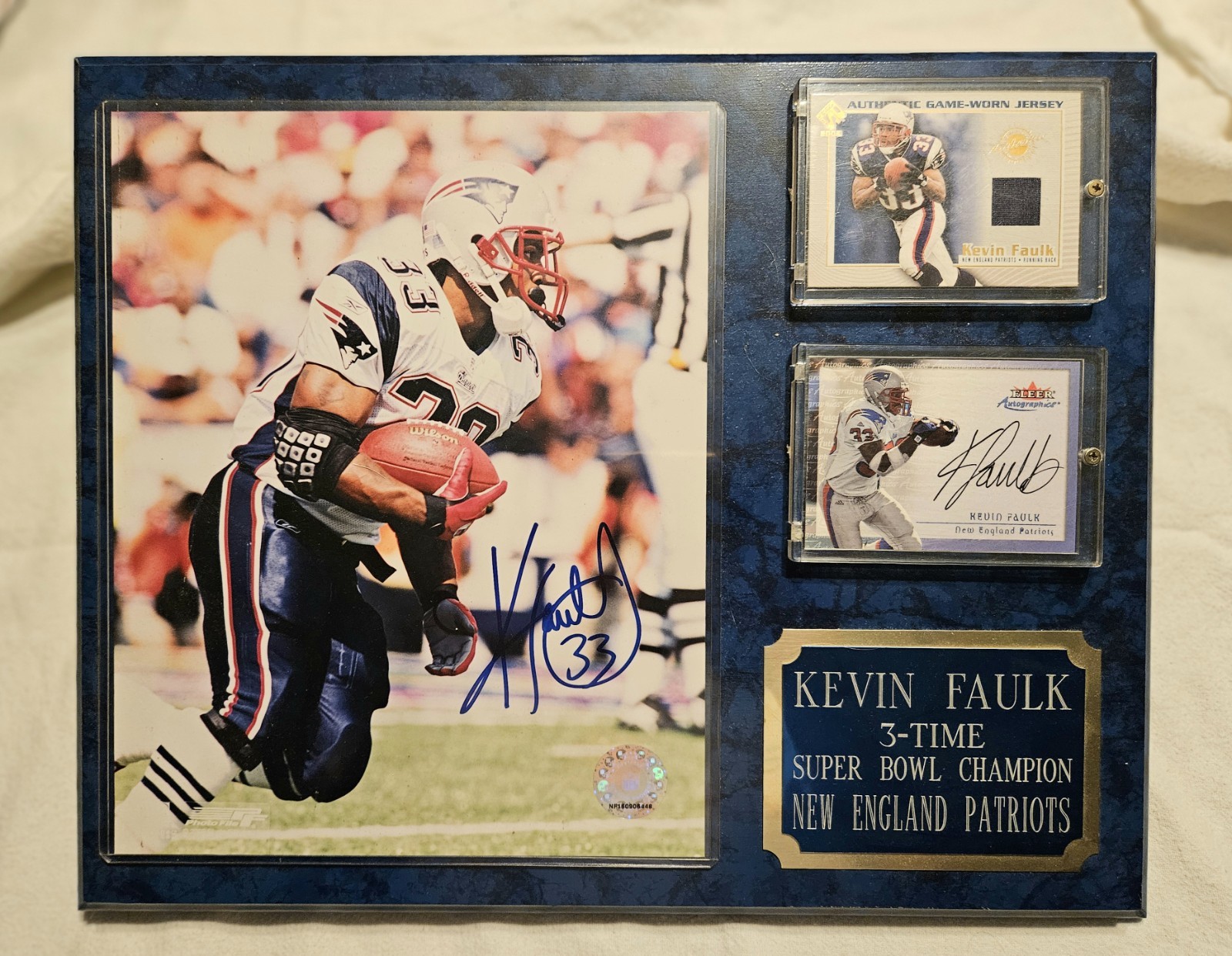NEW ENGLAND PATRIOTS KEVIN FAULK PLAQUE 2) AUTOGRAPHS (1) JERSEY "ONE OF ONE"