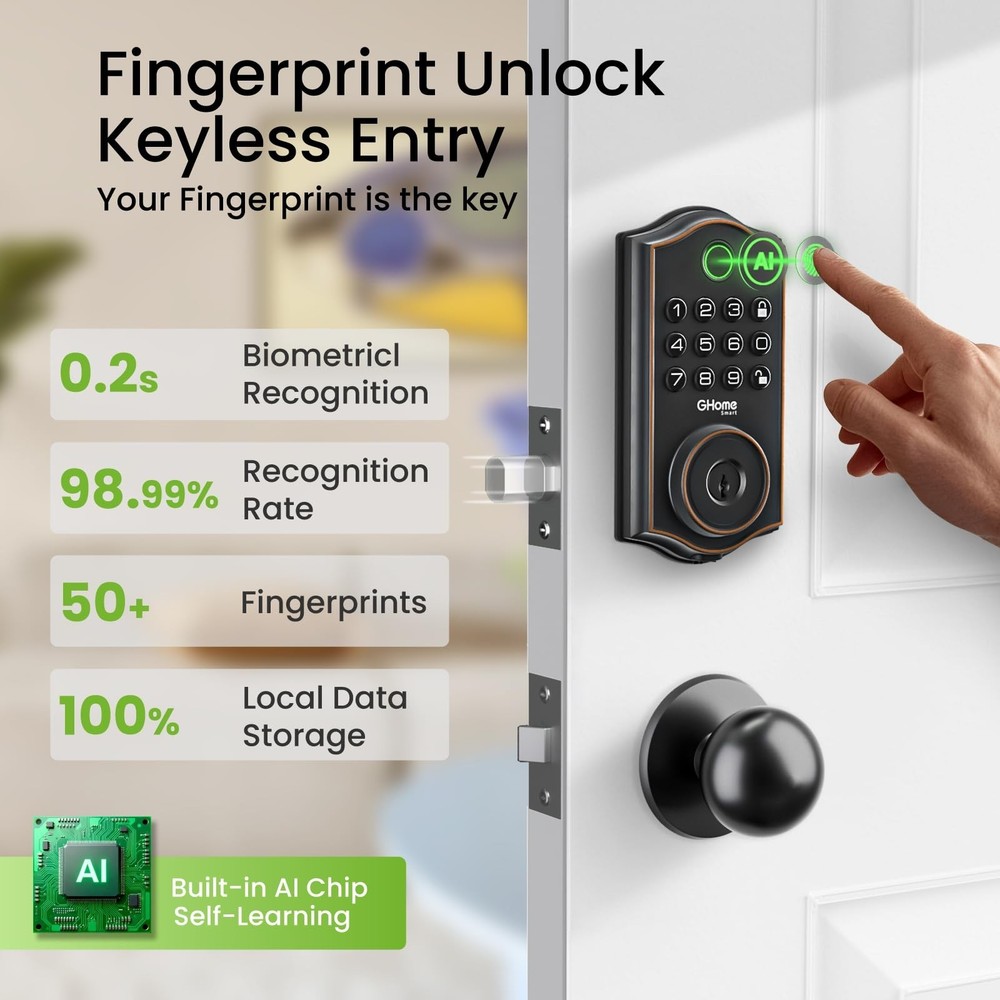 GHome Smart Deadbolt Lock, Fingerprint Code Keyless Entry Door Lock for Front...