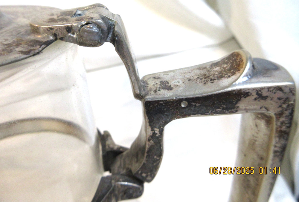 ANTIQUE~HEAVY GLASS AND SILVER WITH HINGED LID WATER PITCHER~10 1/4"