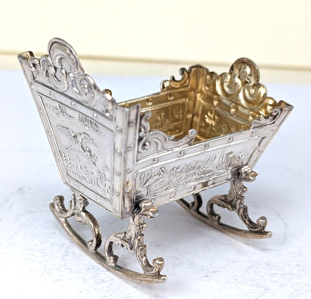 1899 Victorian baby’s Solid silver miniature cradle with gold guilded interior