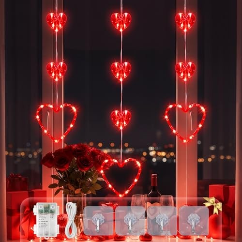 Valentine's Day Window Lights, Battery/USB Powered with Timer, 5FT 65LED 3