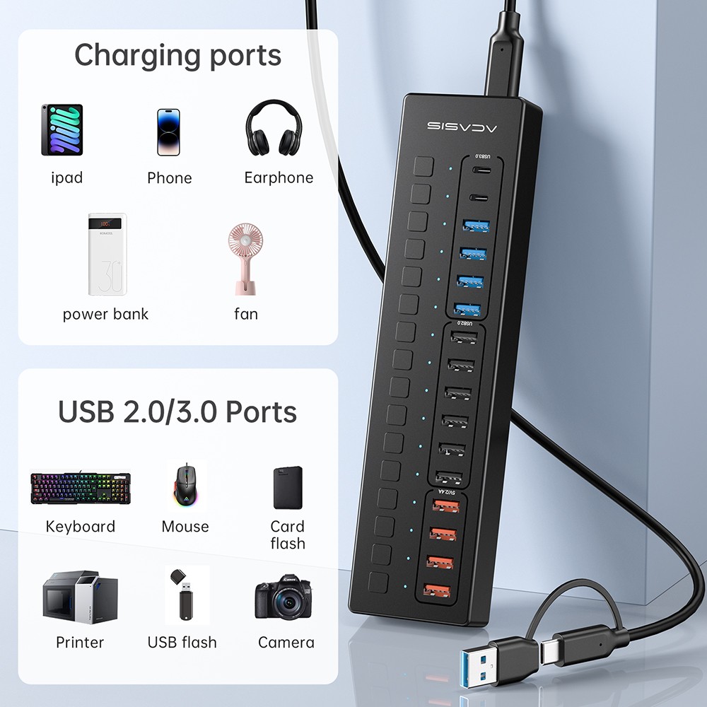 Acasis 5Gbps USB 3.0 Hub 16 Port On/Off Switch with AC Power Adapter for Laptop