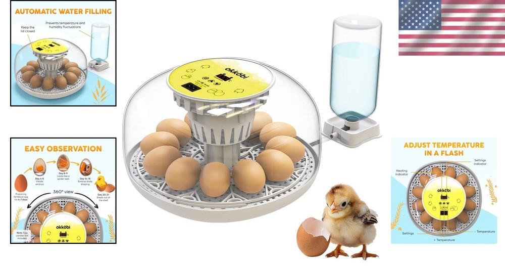 Okkobi M12 Automatic Egg Incubator - Precise Temp & Humidity Control, 12-24 Eggs