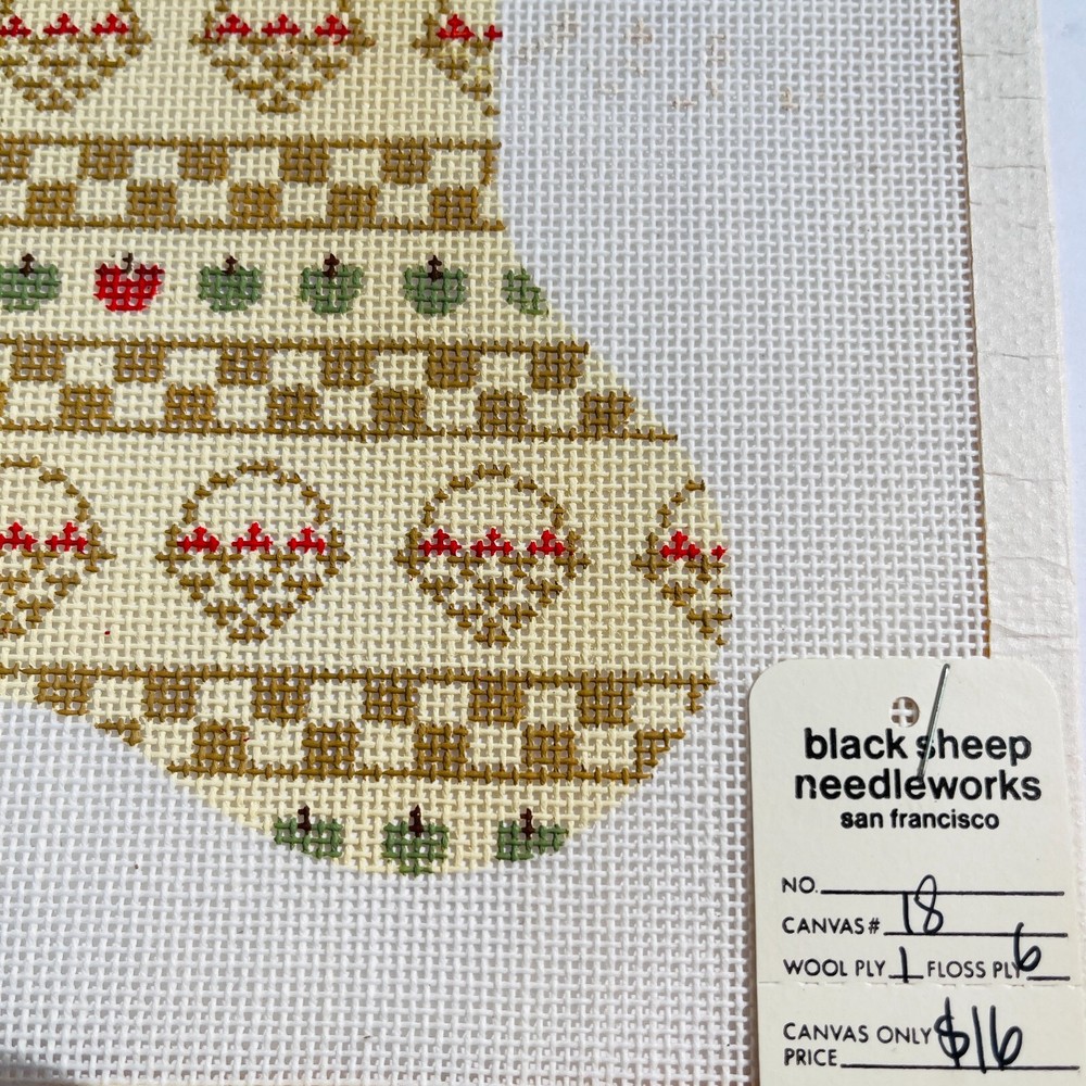 1984 Vintage Hand Painted Needlepoint Pattern Canvas Stocking Apples Baskets