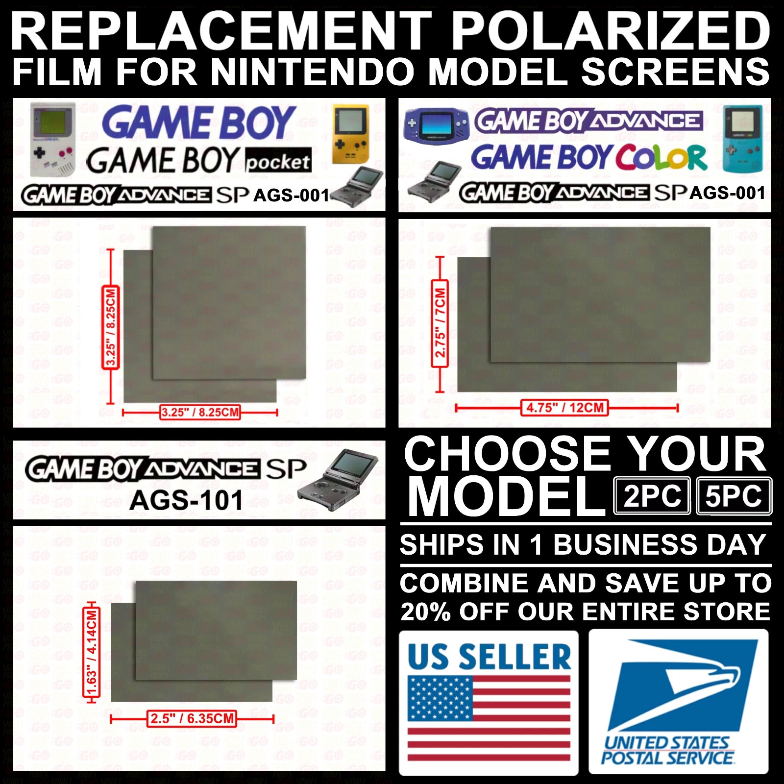 Polarized Film Screen Nintendo Game Boy/Pocket/Color/Advance/GB/GBP/GBC/GBA/SP