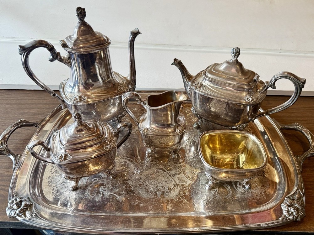 6pc Daffodil Pattern 1847 Rogers Bros Silver Plate Tea & Coffee Service Set VTG