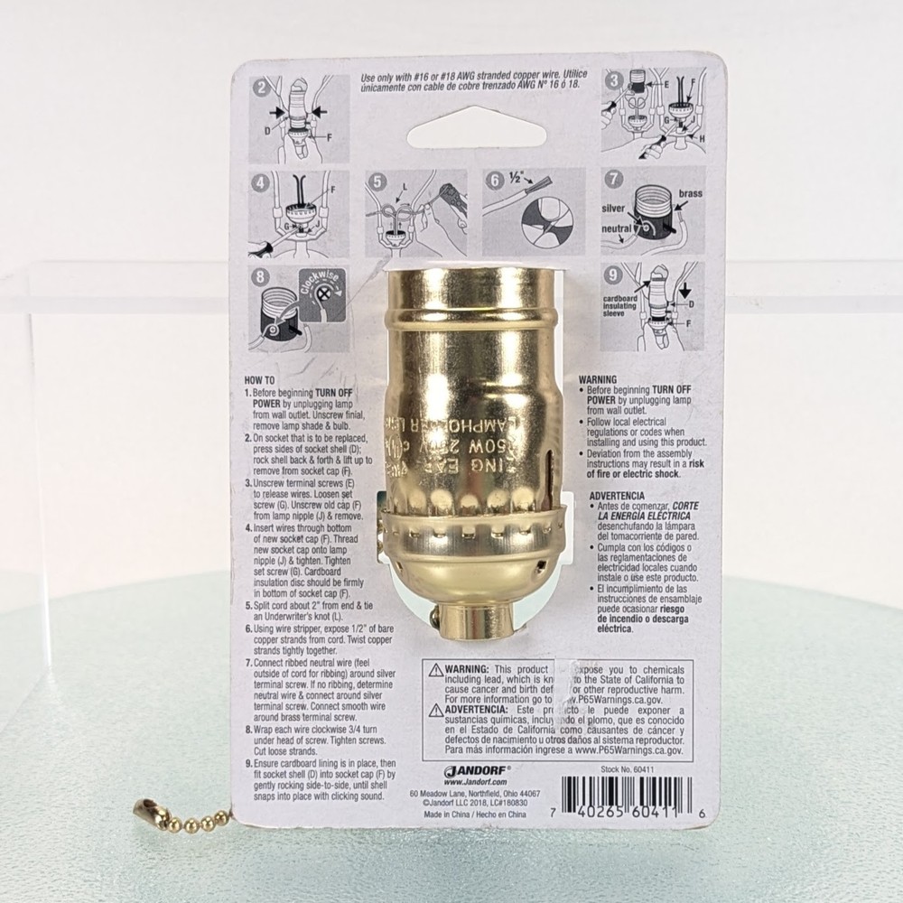 Jandorf 60411 250V 250W Medium E26 Base Brass 3-Way Pull Chain Lamp Socket NEW