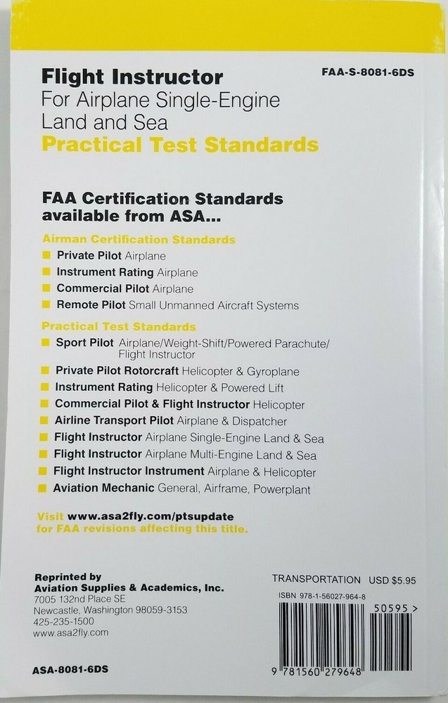 ASA Practical Test Standards PTS Flight Instructor CFI Single-Engine - 8081-6DS