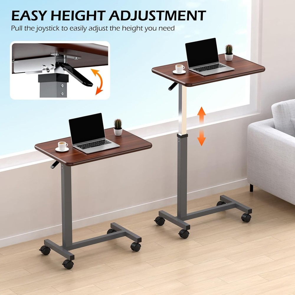 Adjustable Overbed Table with Wheels, Bedside Rolling Table, Pneumatic Height Ad