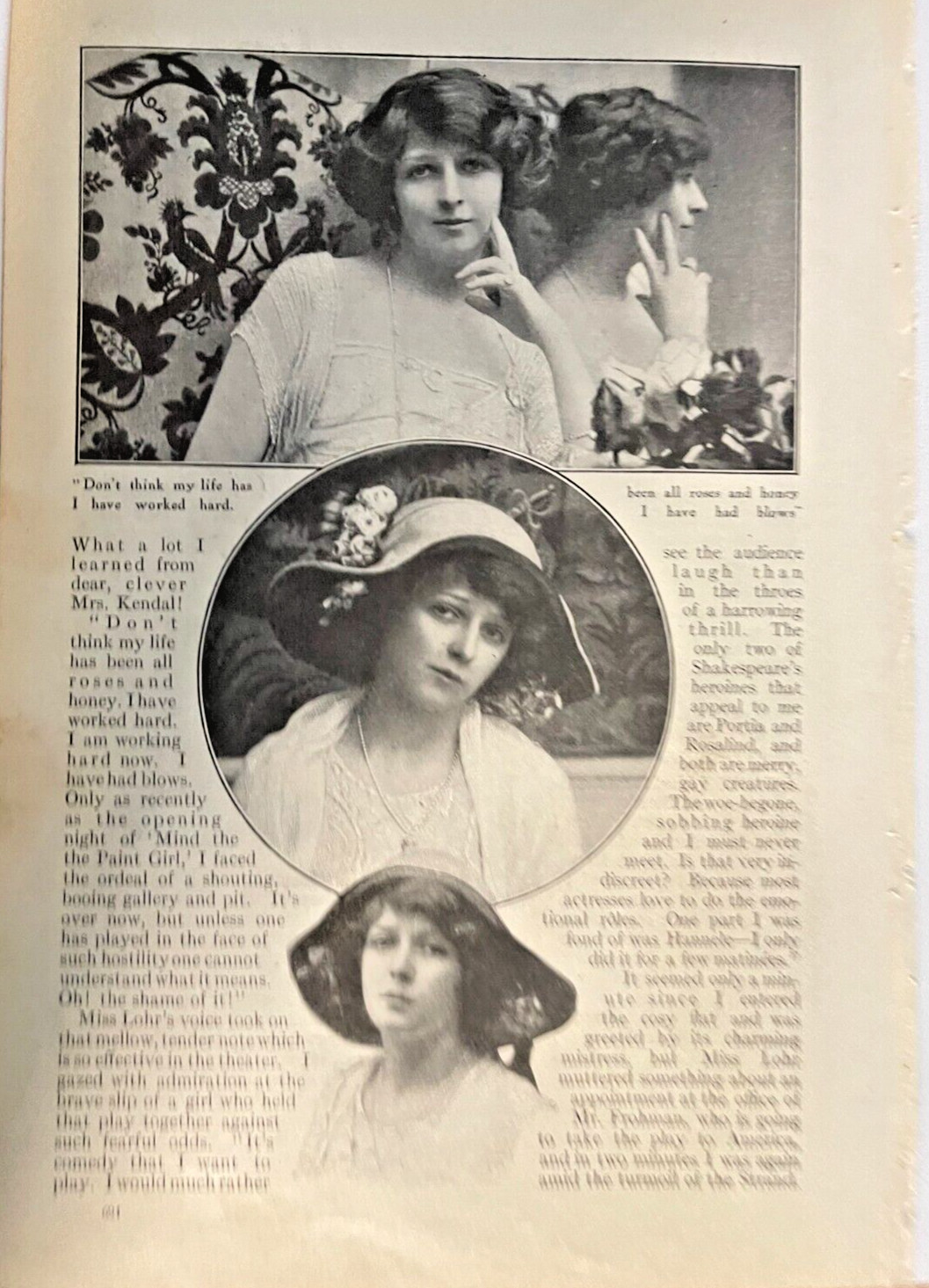 1912 Actress Marie Lohr Illustrated Vintage Collectible, Used