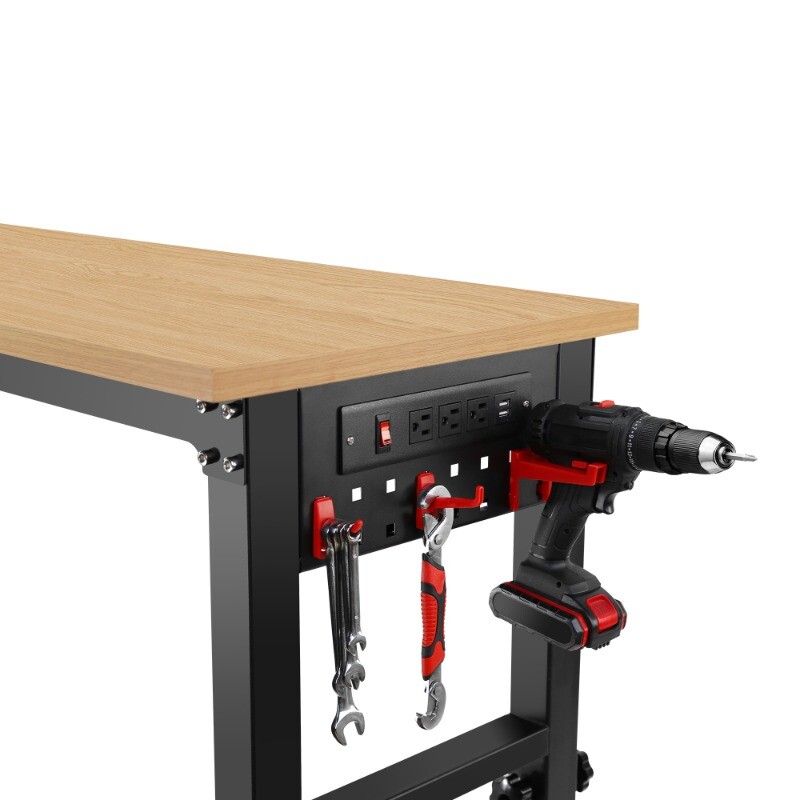 48" Adjustable Workbench w/ Power Outlet Heavy Duty Load Capacity Hardwood Table