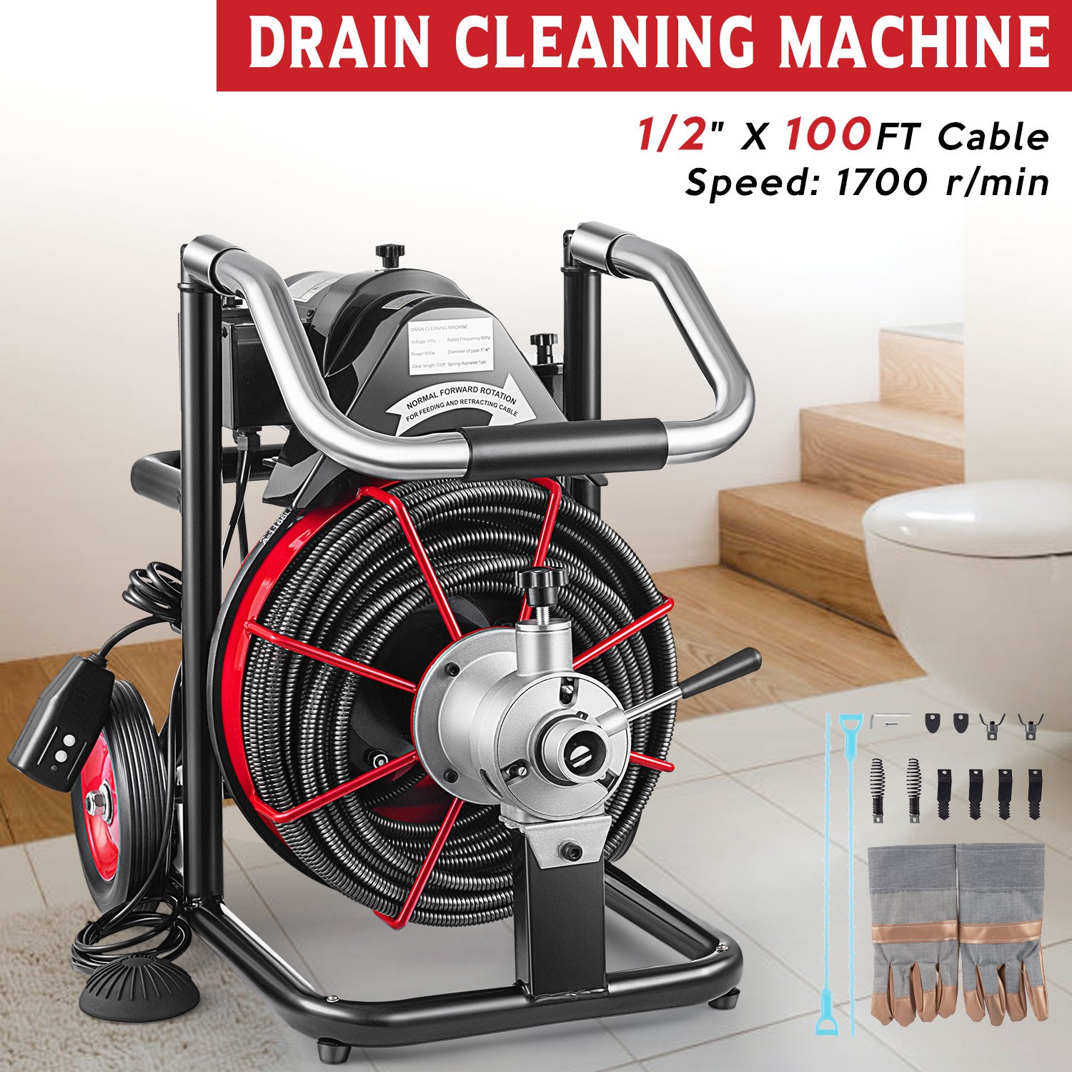 Auto Feed Drain Auger Cleaner Electric 100' x 1/2" Sewer Snake Cleaning Machine