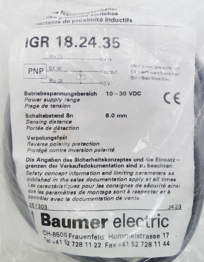 Baumer Electric IGR 18.24.35 10-30VDC Inductive Proximity Switch -Unused/Original Packaging-