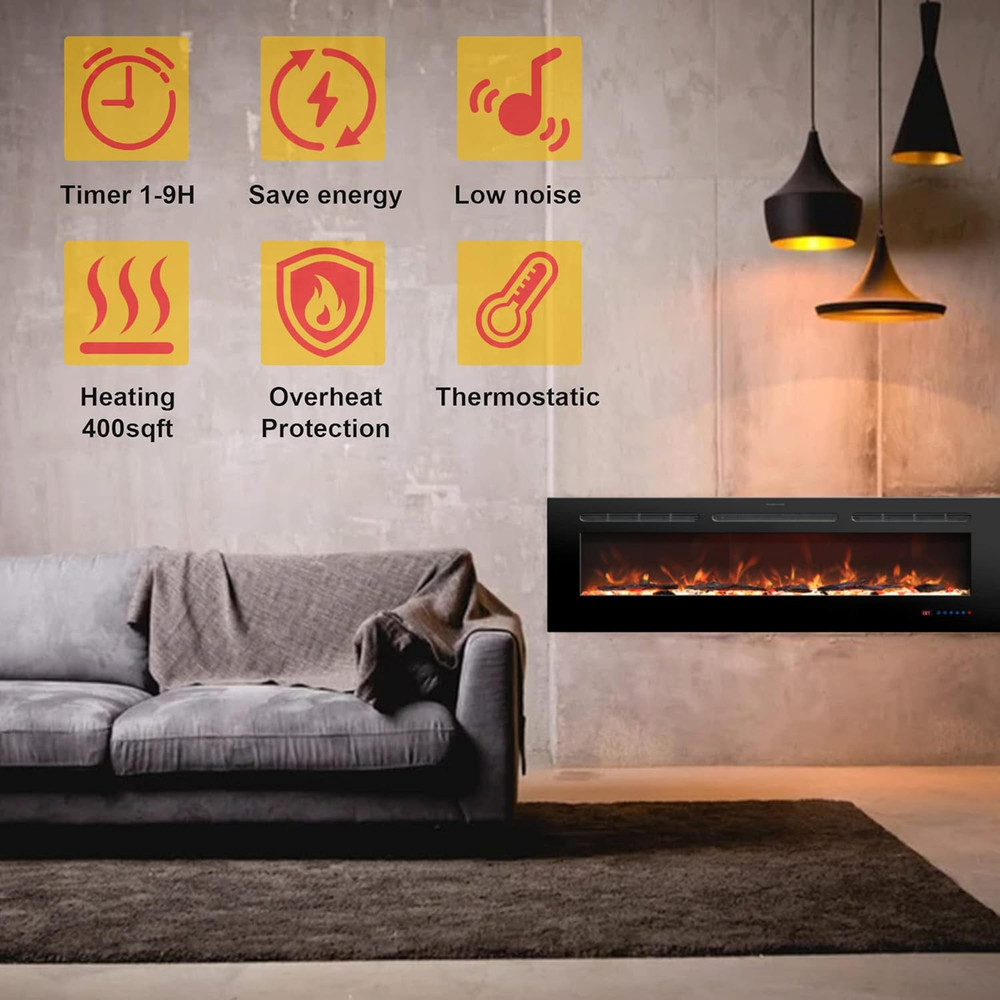 48" Electric Fireplace Insert, Wall Mounted, 13 Color Flames, Remote Control
