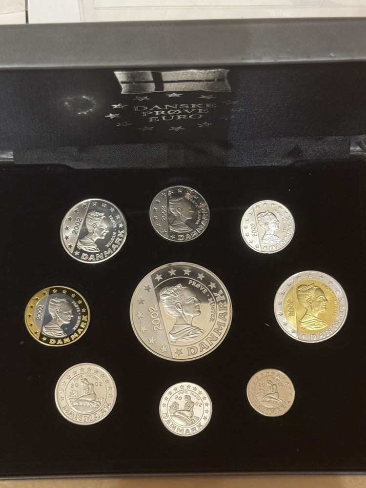 DENMARK 2002 PROTOTYPE 9 EURO PATTERN COIN .925 SILVER PROOF SET BOXED WITH COA
