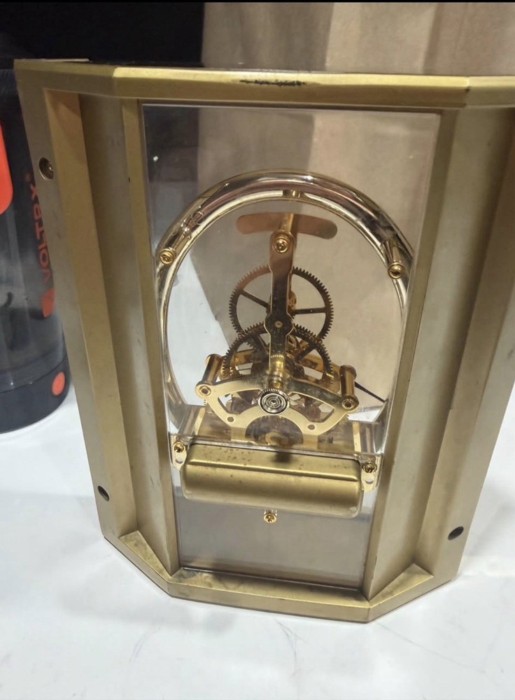 Gold Brass Skeleton Mechanical Glass Desk Clock Modern Rectangular Design