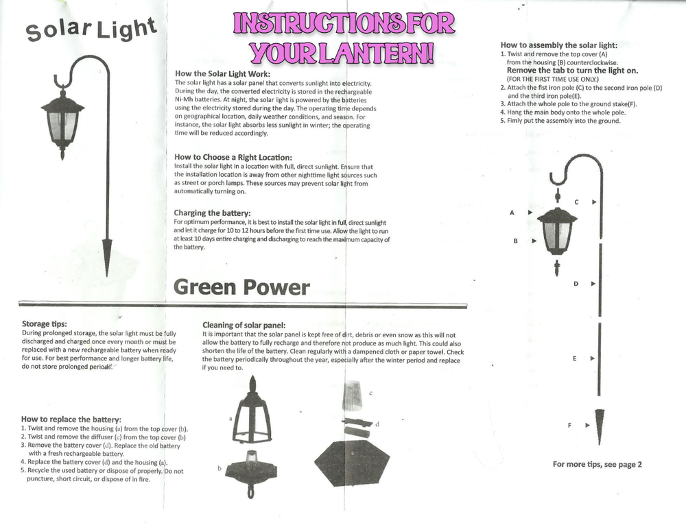 Large Outdoor Hanging Solar Light Lantern Shepherd Hook 34" Tinkerbell Disney