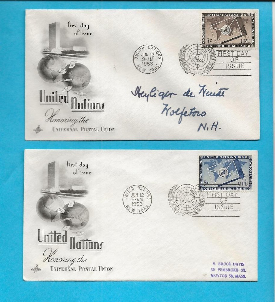 UN ART CRAFT FDC's - 1953 ENVELOPE EMBLEM - SCOTT 17-18 - n664g