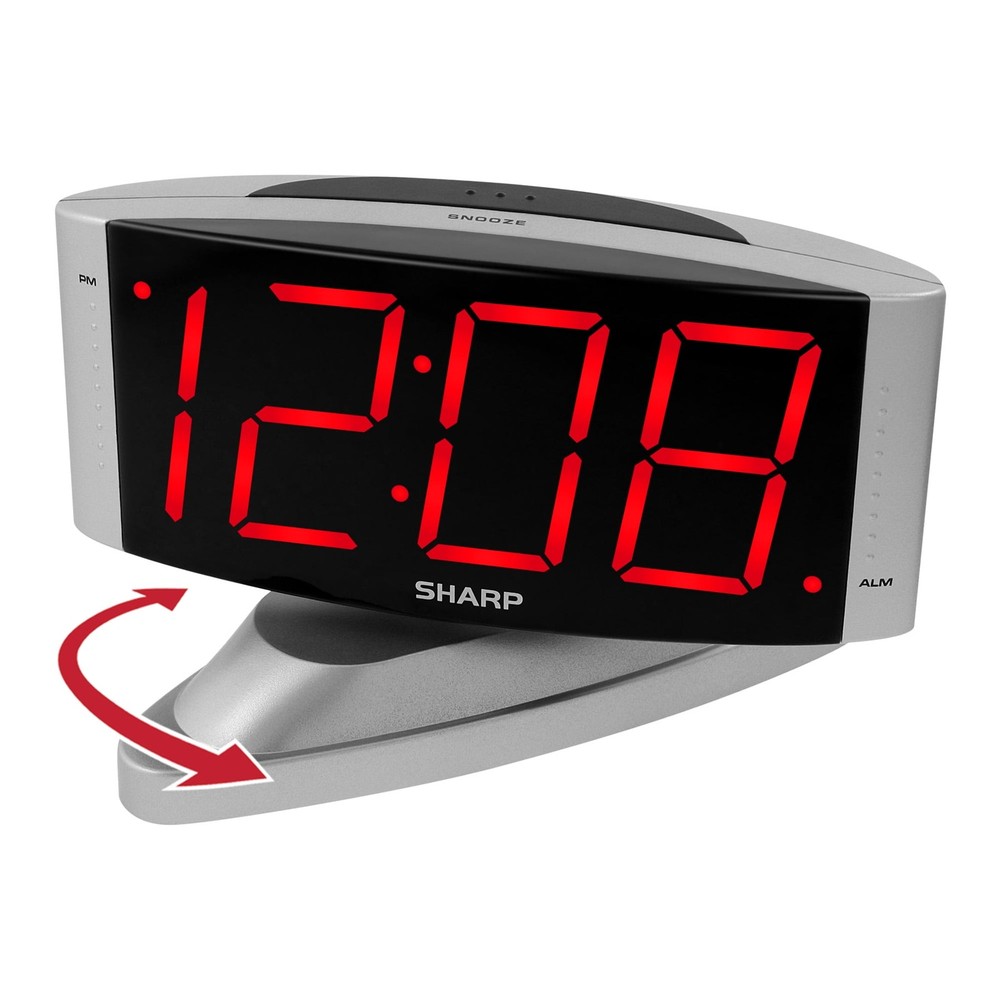 Sharp LED Digital Alarm Clock, Swivel Base, Silver Case, Red Display, SPC033D