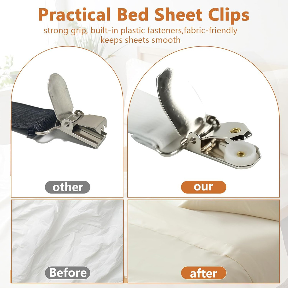 4PCS Bed Sheet Straps with Metal Clips, Adjustable Elastic Fitted Sheet Holders