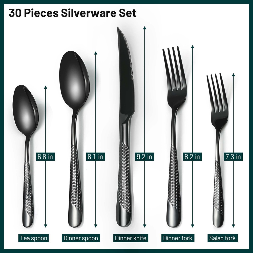 Silverware Set, 30 Pieces Black Hammered Flatware Set for 6, Mirror Polished ...