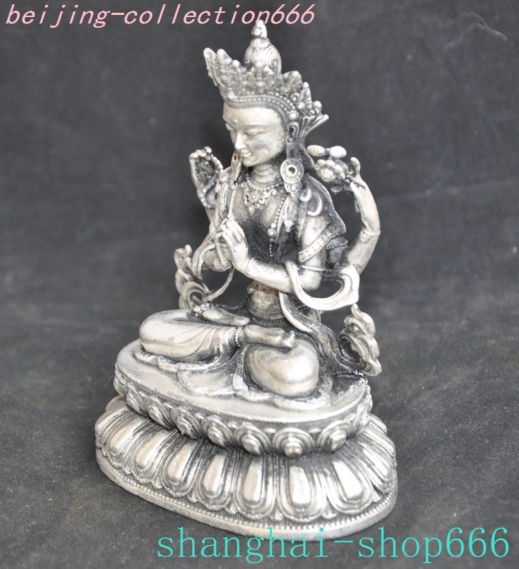 4"China Buddhism Temple Tibetan silver 4 Arms Chenrezig Buddha Statue